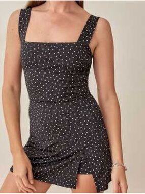 Reformation Black Mini Dress with White Polka Dots
